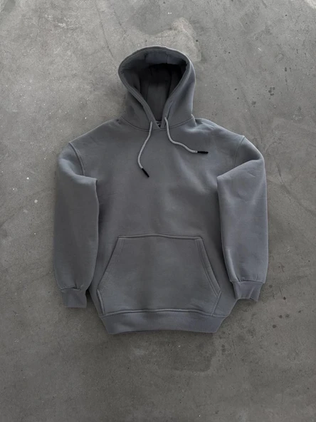 Kapşonlu Üç İplik Penye Basic SweatShirt - Boyalı Gri - 2