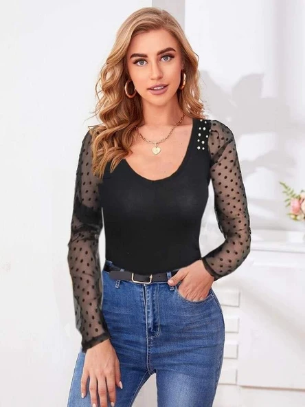 Kadın Uzun Kollu Omuz Inci Kollar Tül Detay Viskon Bluz - 12