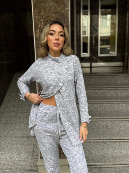 Kadın Uzun Kollu Balıkçı Yaka önden Düğmeli Bluz Ve Pantolon Yumoş Ikili Takım - 2