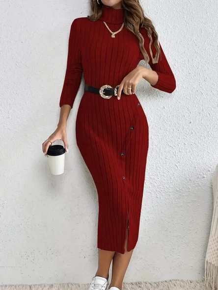 Kadın Uzun Kollu Balıkçı Yaka Yırtmaçlı Düğmeli şardonlu Kaşkorse Elbise