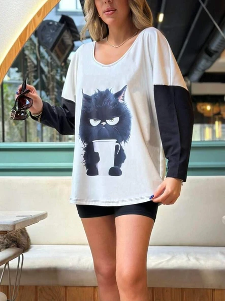 Kadın Uzun Kollu V Yakalı Kedi Baskılı şardonlu Dalgıç Bluz - 6