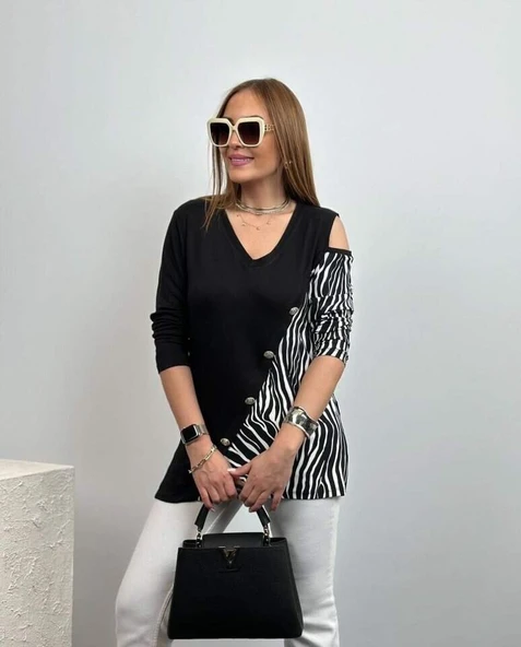 Kadın Uzun Kol Omuz Dekolteli Asmetrik Kesim Zebra Detay Bluz - 3