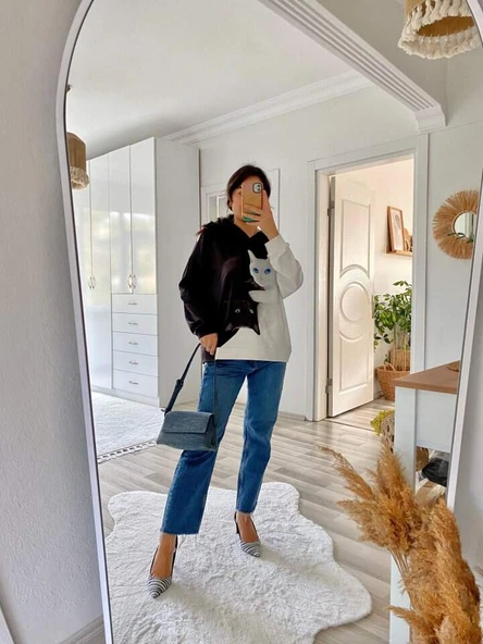 Kadın Uzun Kollu Kapşonlu Bağcıklı Kedi Desenli şardonlu Dalgıç Bluz - 4