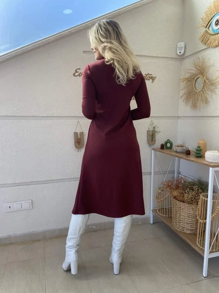 Kadın Uzun Kollu Balıkçı Yaka Derin Yırtmaç Detay Krep Elbise - 6