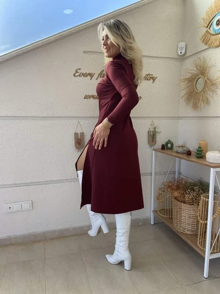 Kadın Uzun Kollu Balıkçı Yaka Derin Yırtmaç Detay Krep Elbise - 10
