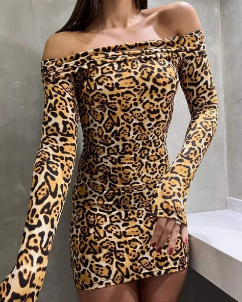 Kadın Madonna Mendil Yaka Leopar Desen Mini Elbise - 2