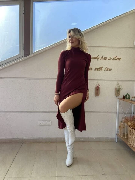 Kadın Uzun Kollu Balıkçı Yaka Derin Yırtmaç Detay Krep Elbise - 4