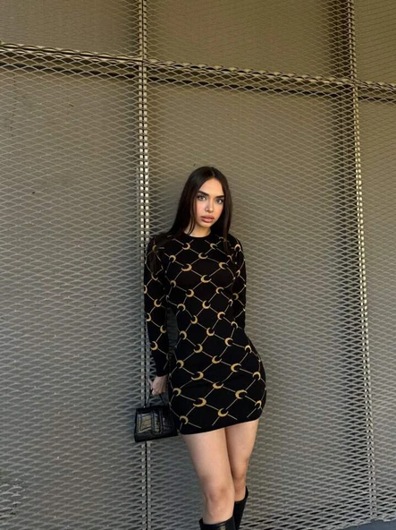 Kadın Bisiklet Yaka Uzun Kol Triko Mini Boy Elbise - 4