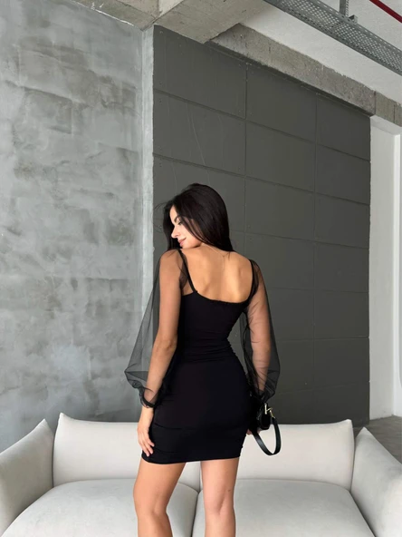 Kadın Sandy Kumaş Kolları Tül Detaylı Mini Boy Elbise - 2