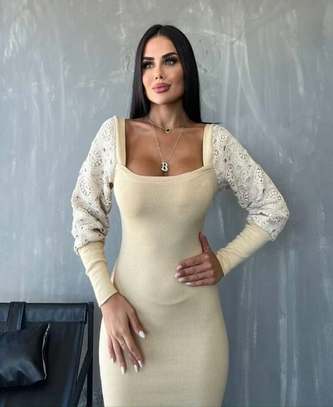 Kadın Kare Yaka Kolları Manşet Ve Tül Detay Fırsat ürün Midi Boy Elbise - 2