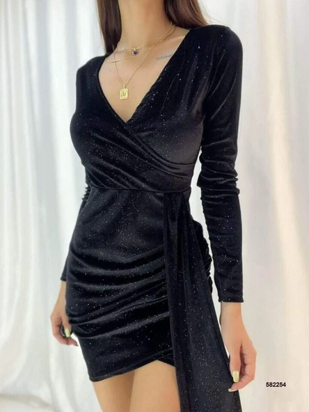 Kadın Kadife Kumaş V Yaka Belde Kuşak Detaylı Simli Mini Boy Elbise - 3