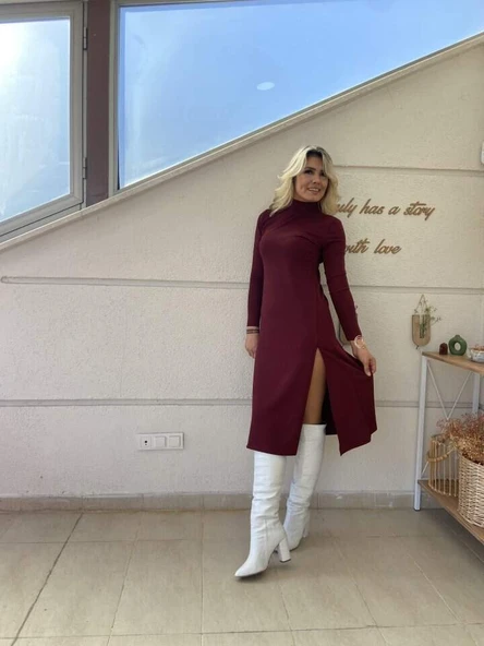 Kadın Uzun Kollu Balıkçı Yaka Derin Yırtmaç Detay Krep Elbise - 5