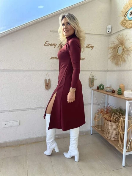 Kadın Uzun Kollu Balıkçı Yaka Derin Yırtmaç Detay Krep Elbise - 3