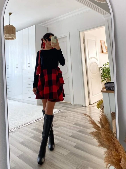 Kadın Uzun Kollu Bisiklet Yaka üst Viskon Alt Ekose Kısa Elbise - 6