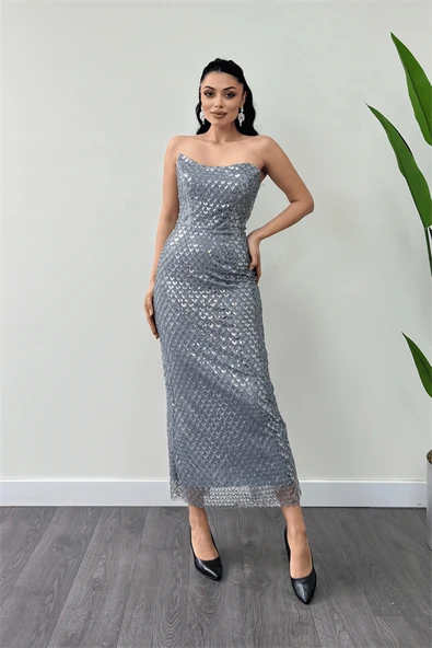 Full Boncuklu Kumaş Straplez Abiye Elbise - GRİ