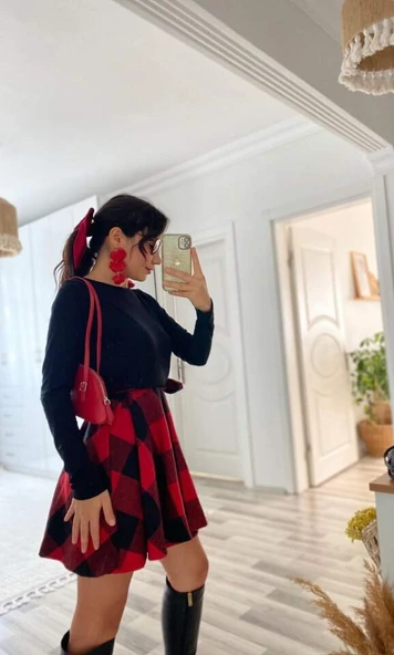 Kadın Uzun Kollu Bisiklet Yaka üst Viskon Alt Ekose Kısa Elbise - 3