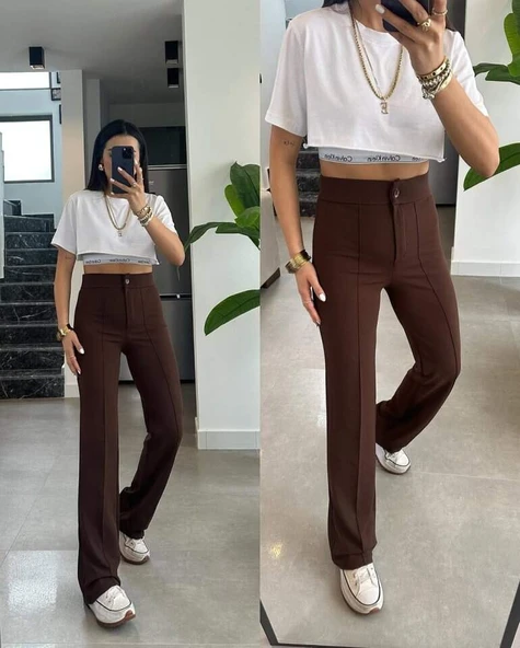Kadın Yüksek Bel Full Likralı Krep Kumaş Pantolon - 7