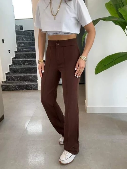 Kadın Yüksek Bel Full Likralı Krep Kumaş Pantolon - 3