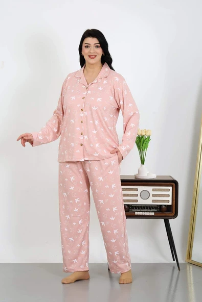 Angelino Kadın Büyük Beden Pamuklu Cepli Düğmeli Pudra Pijama Takım 202504