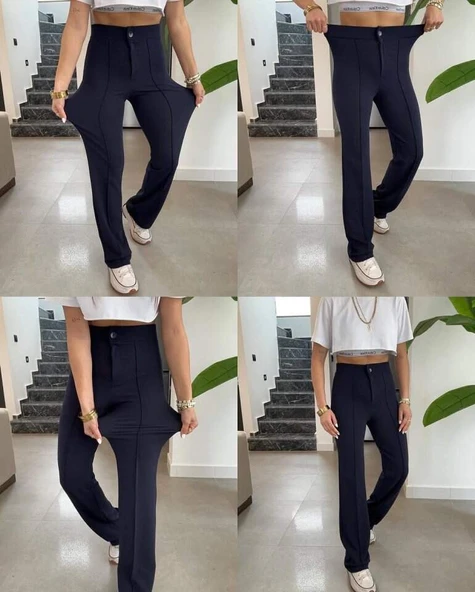 Kadın Yüksek Bel Full Likralı Krep Kumaş Pantolon - 4