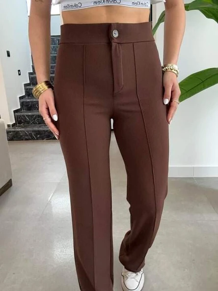 Kadın Yüksek Bel Full Likralı Krep Kumaş Pantolon - 2