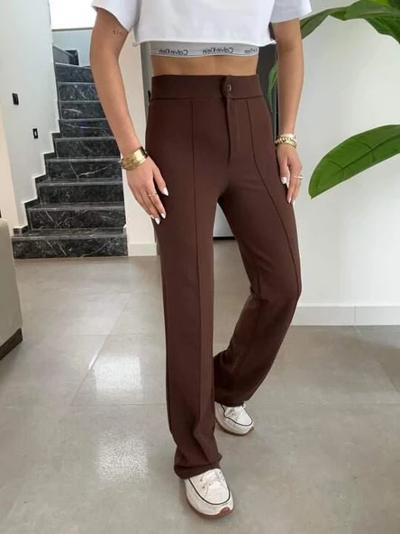 Kadın Yüksek Bel Full Likralı Krep Kumaş Pantolon - 5