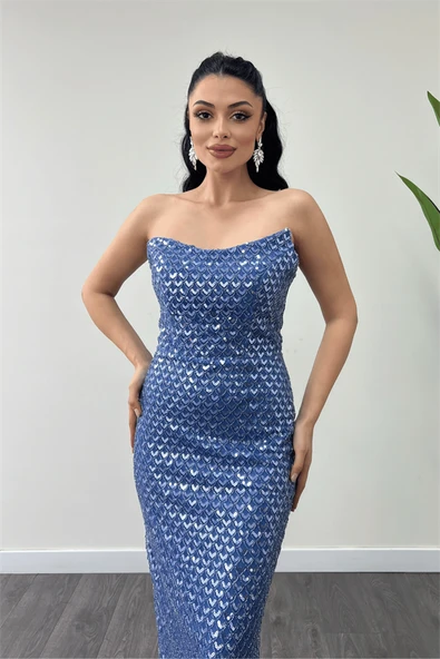 Full Boncuklu Kumaş Straplez Abiye Elbise - İNDİGO MAVİ - 3