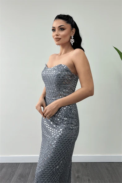 Full Boncuklu Kumaş Straplez Abiye Elbise - GRİ - 3