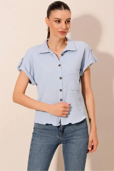 20187 Kısa Kol Oversize Örme Gömlek - Mavi - 3
