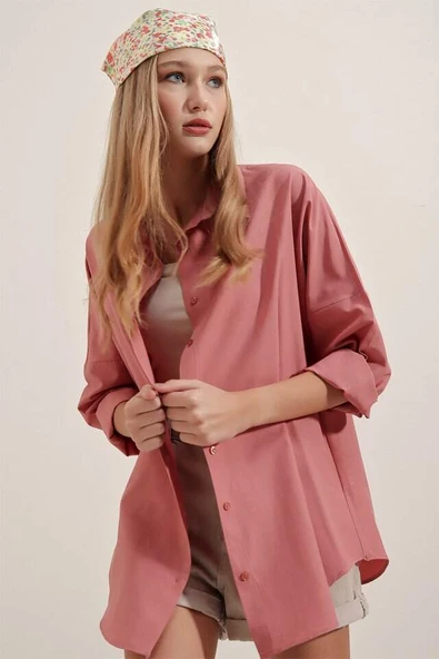 3900 Oversize Uzun Basic Gömlek - Gül Kurusu - 4
