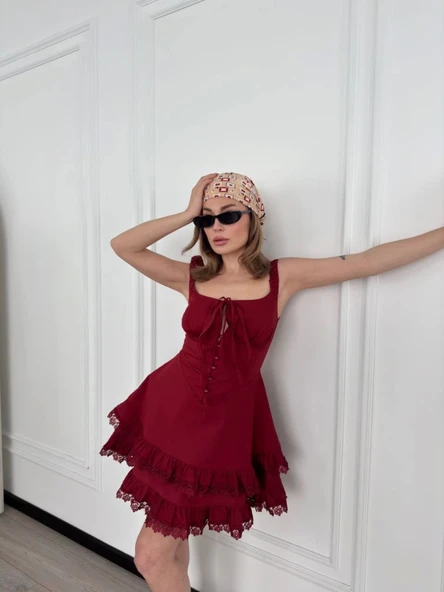 Mini Askılı Elbise - Bordo - 4