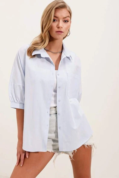 20213 Oversize Kısa Kol Basic Gömlek - Bebe Mavi - 4