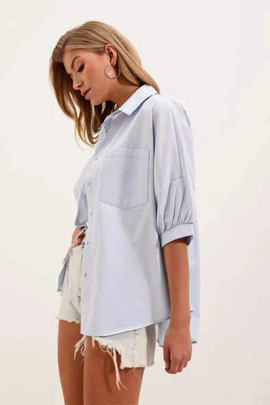 20213 Oversize Kısa Kol Basic Gömlek - Bebe Mavi - 2