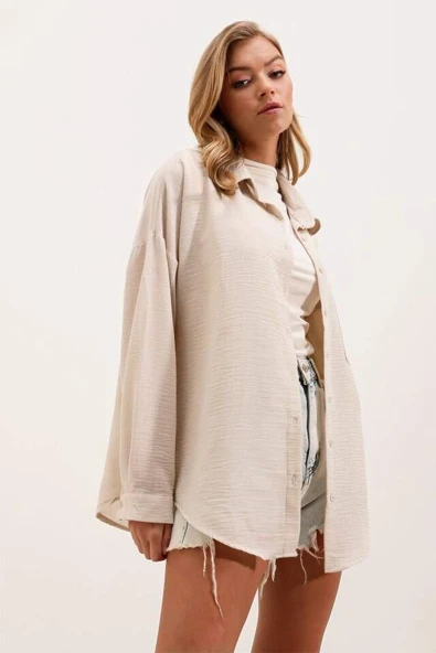 20153 Tek Cepli Oversize Keten Gömlek - Krem - 2