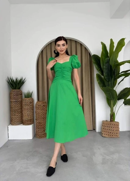 Kare Yaka Düğmeli Elbise - 6