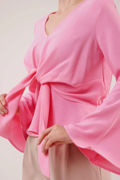 Ön Bağlamalı Volan Kol Pembe Bluz - 4