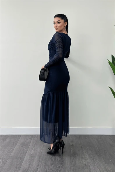 Tül Kumaş Büzgü Detaylı Kalem Elbise - LACİVERT - 5