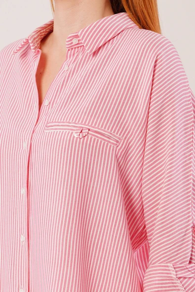 Cep Detay Çizgili Oversize Pembe Gömlek - 4
