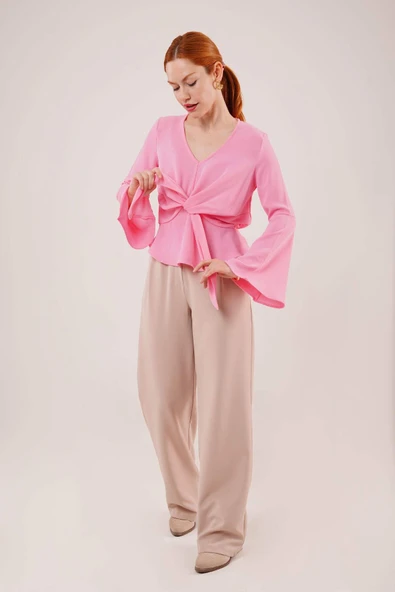 Ön Bağlamalı Volan Kol Pembe Bluz - 3