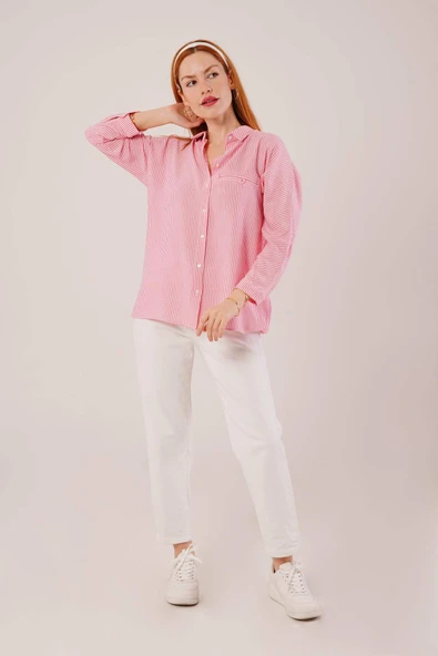 Cep Detay Çizgili Oversize Pembe Gömlek - 2