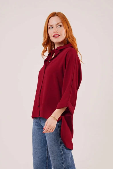 Yarasa Kol Rahat Kalıp Bordo Gömlek - 2