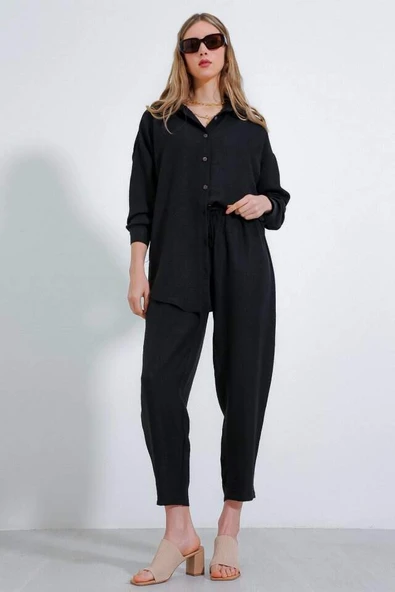 Siyah Oversize Keten Alt Üst Takım 6622
