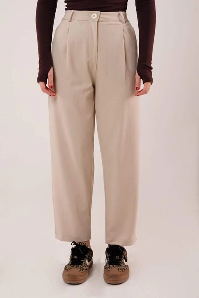 Kapama Cep Detaylı Krem Pantolon - 3