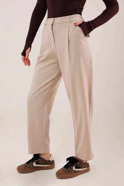 Kapama Cep Detaylı Krem Pantolon - 2