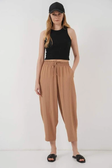 6591 Dokuma Şalvar Pantolon - Camel - 3