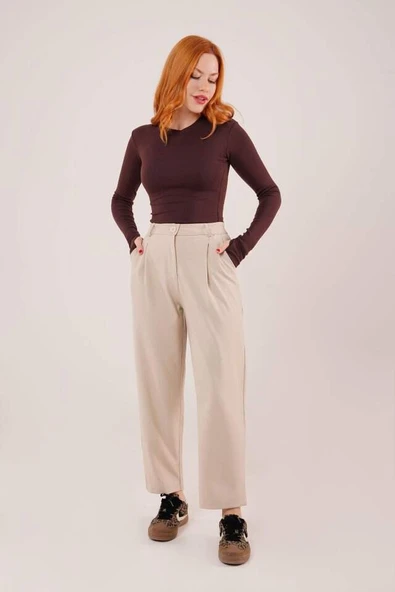 Kapama Cep Detaylı Krem Pantolon - 4
