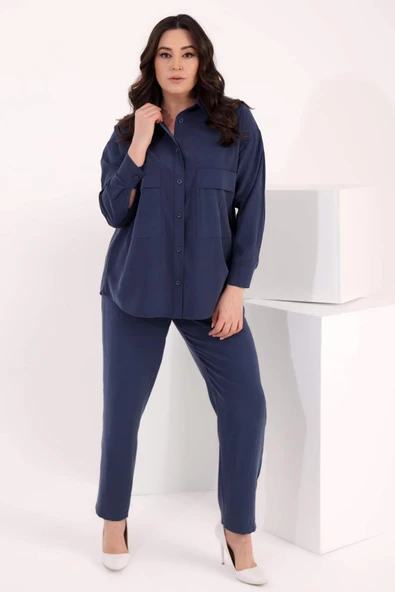 Büyük Beden Oversize Süs Cep Detaylı İndigo Gömlek Pantolon Takım - 3