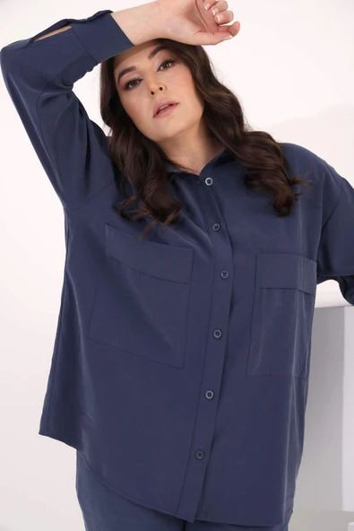 Büyük Beden Oversize Süs Cep Detaylı İndigo Gömlek Pantolon Takım - 8