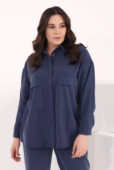 Büyük Beden Oversize Süs Cep Detaylı İndigo Gömlek Pantolon Takım - 2