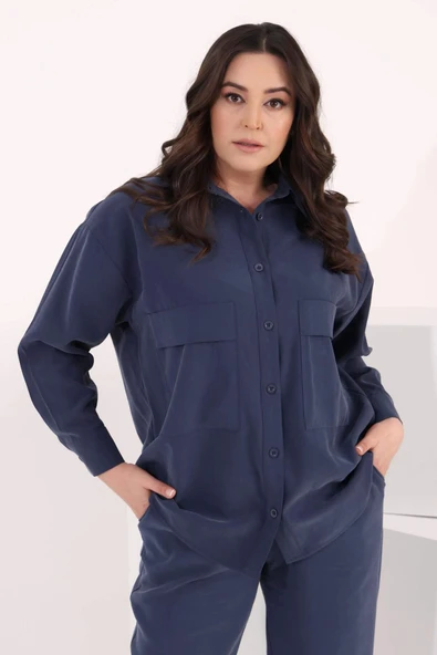 Büyük Beden Oversize Süs Cep Detaylı İndigo Gömlek Pantolon Takım - 7